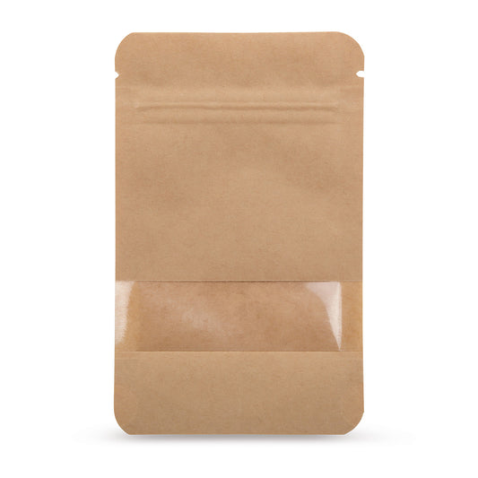 Pungi doypack din hârtie Kraft, cu fereastră transparentă — Vedere principală a pungii cu fereastră transparentă, aspect hârtie Kraft, de la Elke Plastic