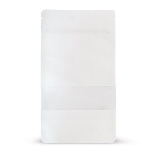 Pungi doypack din hârtie Kraft albă, cu fereastră transparentă — Vedere principală a pungii cu fereastră transparentă, aspect hârtie Kraft, de la Elke...