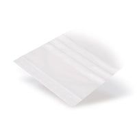 Pungi cu fermoar LDPE cu trei benzi albe de scriere 50 µm — Detaliu de material, cu accent pe grosimea foliei și cal...