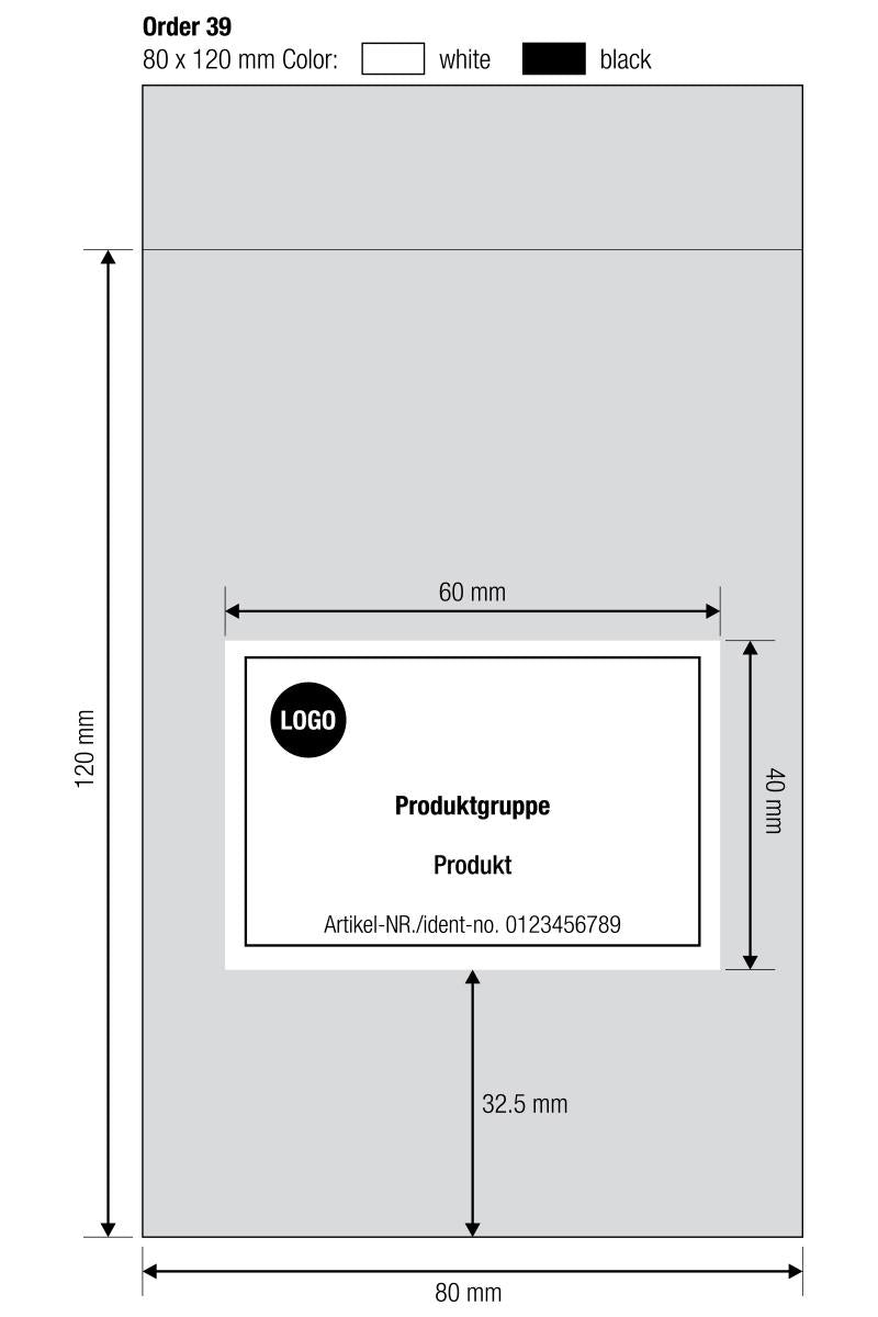 Schiță exemplu a unei comenzi personalizate cu dimensiunile pungii (80×120 mm) și zona de imprimare (60×40 mm)