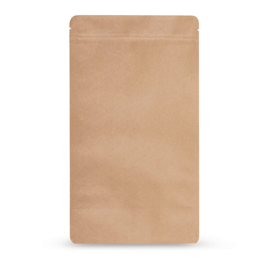 Pungi doypack din hârtie Kraft, fără aluminiu — Vedere principală a pungii cu complex barieră fără aluminiu, aspect hârtie Kraft, de la Elke Plastic