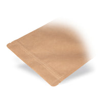 Pungi doypack din hârtie Kraft, fără aluminiu — Vedere detaliată într-o aplicație tipică de ambalare, cu exemplu de conținut