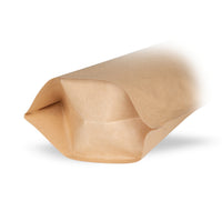 Pungi doypack din hârtie Kraft, fără aluminiu — Detaliu de material, cu accent pe grosimea foliei și calitatea prelucrării