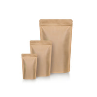 Pungi doypack din hârtie Kraft, fără aluminiu — Comparație de dimensiuni a variantelor de format disponibile în gama de produse