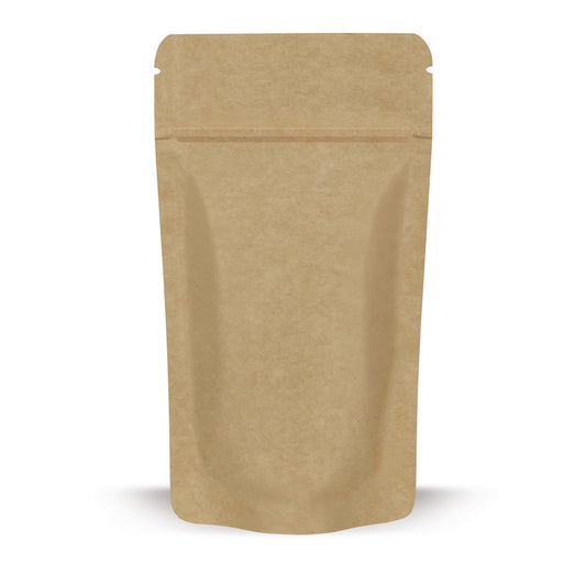 Pungi doypack din hârtie Kraft — Detaliu de material, cu accent pe grosimea foliei și calitatea prelucrării
