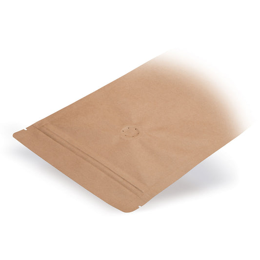 Pungi doypack din hârtie Kraft, cu valvă de aromă — Vedere detaliată într-o aplicație tipică de ambalare, cu exemplu de conținut