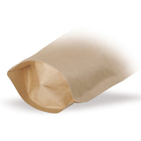 Pungi doypack din hârtie Kraft, cu valvă de aromă — Detaliu de material, cu accent pe grosimea foliei și calitatea prelucrării