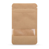 Pungi doypack din hârtie Kraft, cu fereastră transparentă — Vedere principală a pungii cu fereastră transparentă, aspect hârtie Kraft, de la Elke Plastic