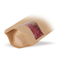 Pungi doypack din hârtie Kraft, cu fereastră transparentă — Comparație de dimensiuni a variantelor de format disponibile în gama de produse