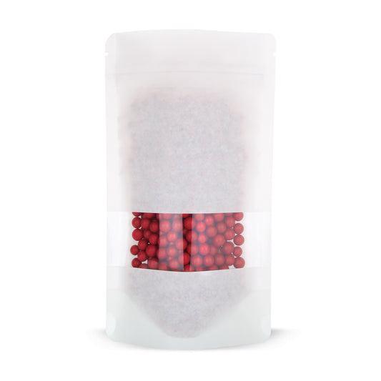 Pungi doypack din hârtie Kraft albă, cu fereastră transparentă — Vedere principală a pungii cu fereastră transparentă, aspect hârtie Kraft, de la Elke...