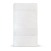 Pungi doypack din hârtie Kraft albă, cu fereastră transparentă — Vedere principală a pungii cu fereastră transparentă, aspect hârtie Kraft, de la Elke...