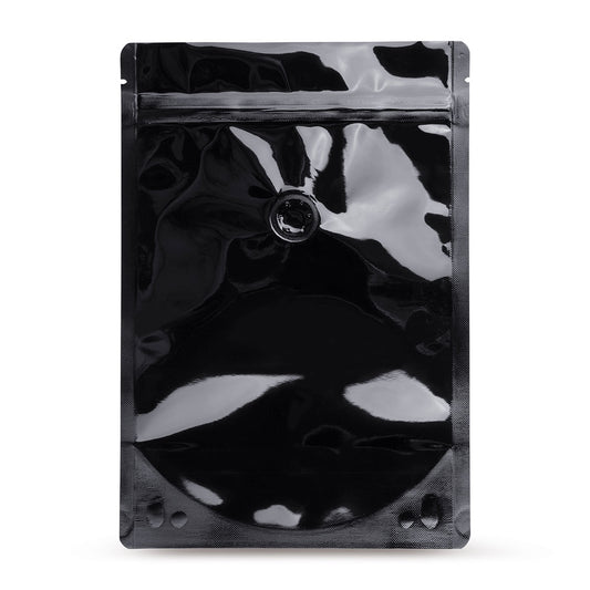Pungi doypack negre, cu valvă de aromă — Vedere principală a pungii cu valvă de aromă, protecție a aromei, de la Elke Plastic