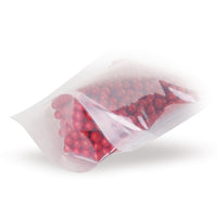 Pungi doypack transparente — Detaliu de material, cu accent pe grosimea foliei și calitatea prelucrării